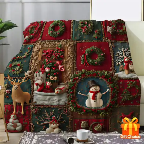 Christmas Patchwork Blanket Soft Cozy Throw Indoor Decor Festive Reindeer Snowmen Wreaths Ideal for Holiday Gift or Home Decorat