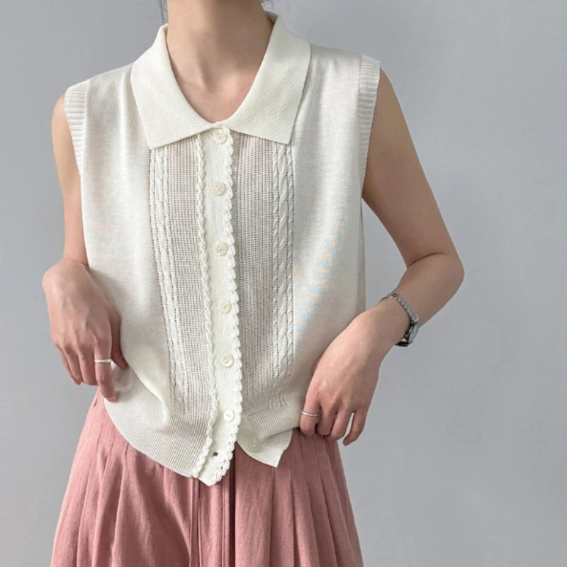 

Tops Women T Shirts Knit Shirt Top Vintage Turn Down Collar Sleeveless Tees Solid Y2k Streetwear Elegant Splice 2026 Spring