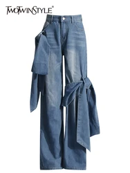 TWOTWurea-Jeans patchwork avec nœud papillon pour femme, pantalon pleine longueur, taille haute, poche épissée, streetwear féminin, mode de créateur, YLE