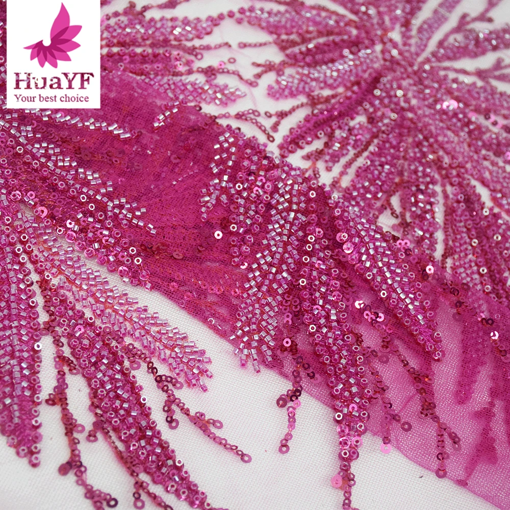 1 Yard  Fuchsia Pink French Style 3D Bridal Embroidery Lace Fabric Tulle Heavy Beads Sequins For Wedding HY1930