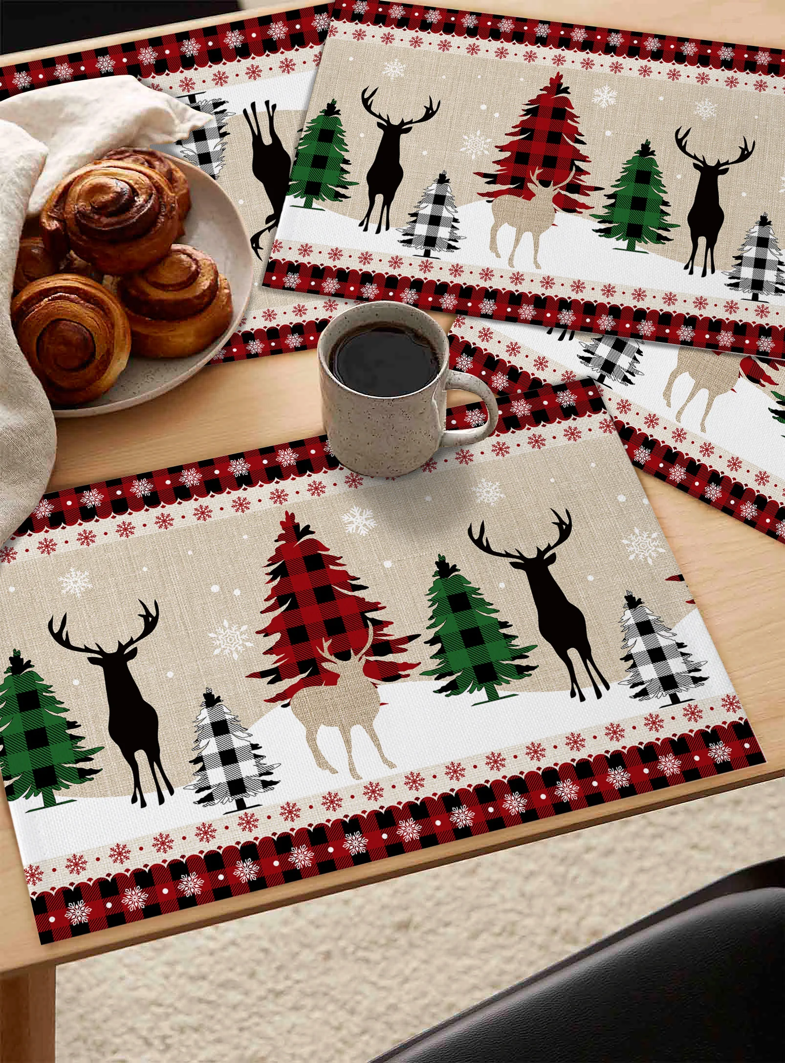 Christmas Tree Snowflake Elk Kitchen Dining Table Decor Accessories 4/6pcs Placemat Heat Resistant Linen Tableware Pads Mats