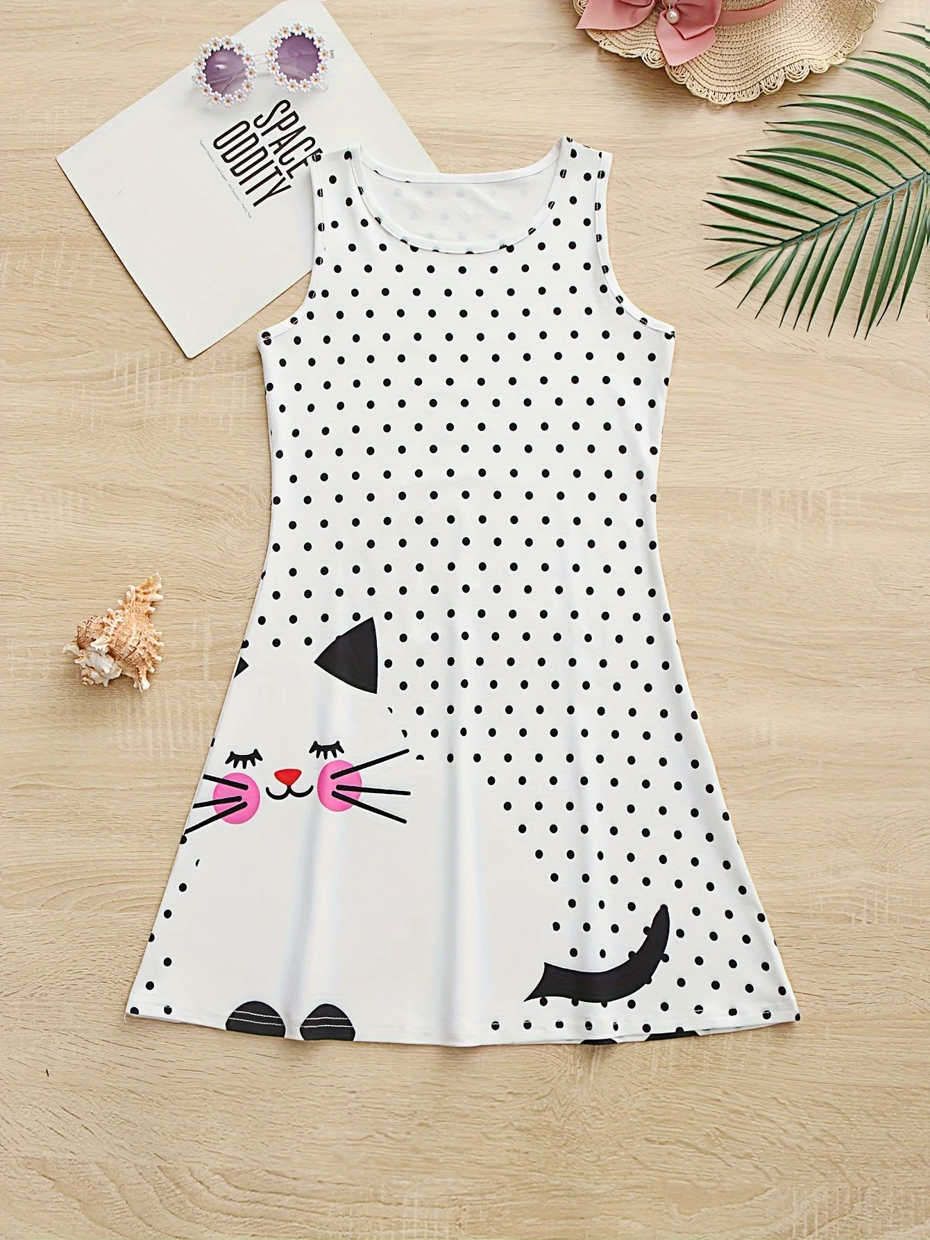 2024 Kids Little Girls Sleeveless Over Knee Dress Girls Dress 3D Vacation Style Polka Dots Cat Printed Daily Casual Cute Dress