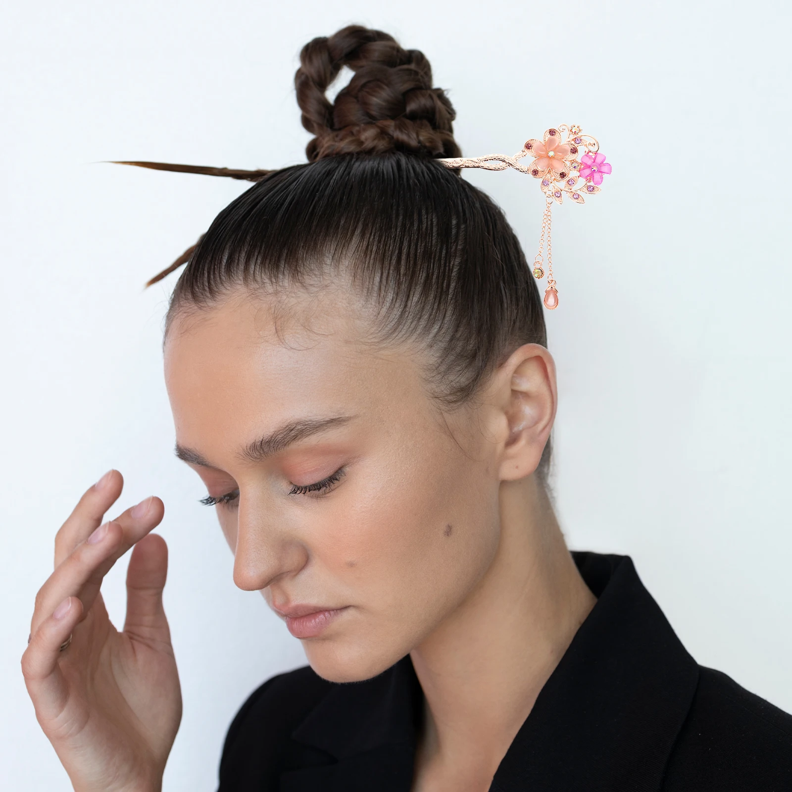 

Twin Flowers Hairpin Cat Eye Gemstone Classical Ethnic Style Women Stick Bun Holder Floral Japanese Accessories