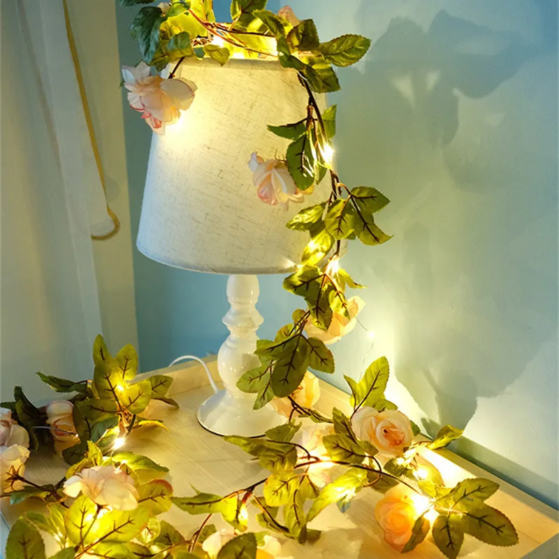 Garden Decoration Battery Powered 5M/2M Green Leaf Flower Fake Plants LED String Light for Wall Christmas Birthday Wedding Room