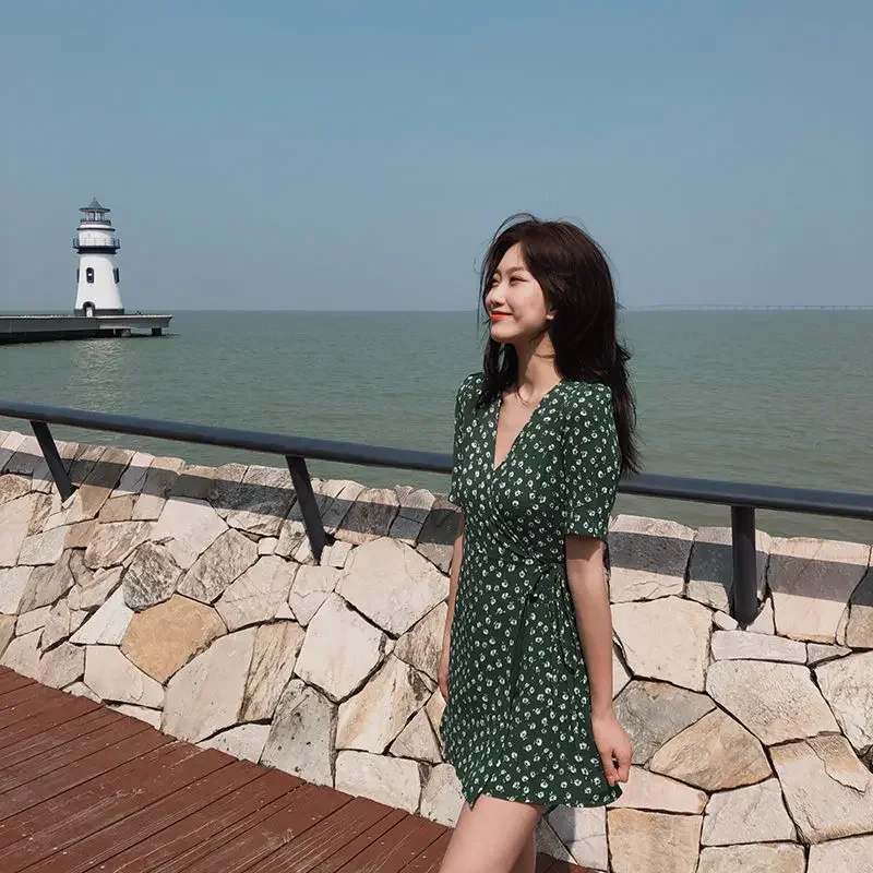 Mini Short Loose Fashion Aesthetic Summer Light Dress Casual Women\'s Dresses Floral Elegant Tunics Korean Chiffon Party Vintage