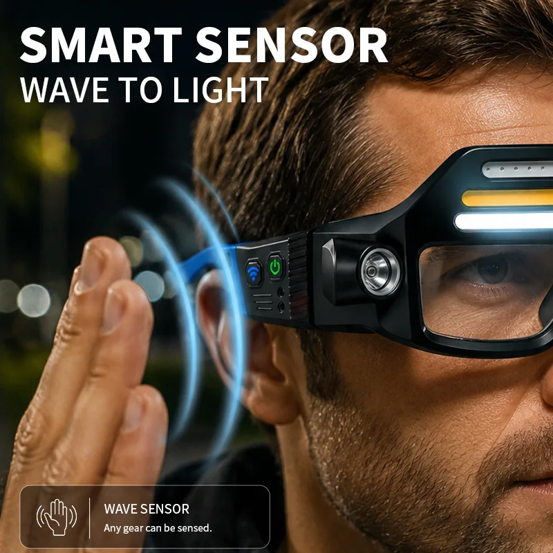 LED Glasses Headlight Rechargeable TYPE C Waterproof Headlamp Lightweight Adjustable Angle Work Lamp for Car Maintenance Repair