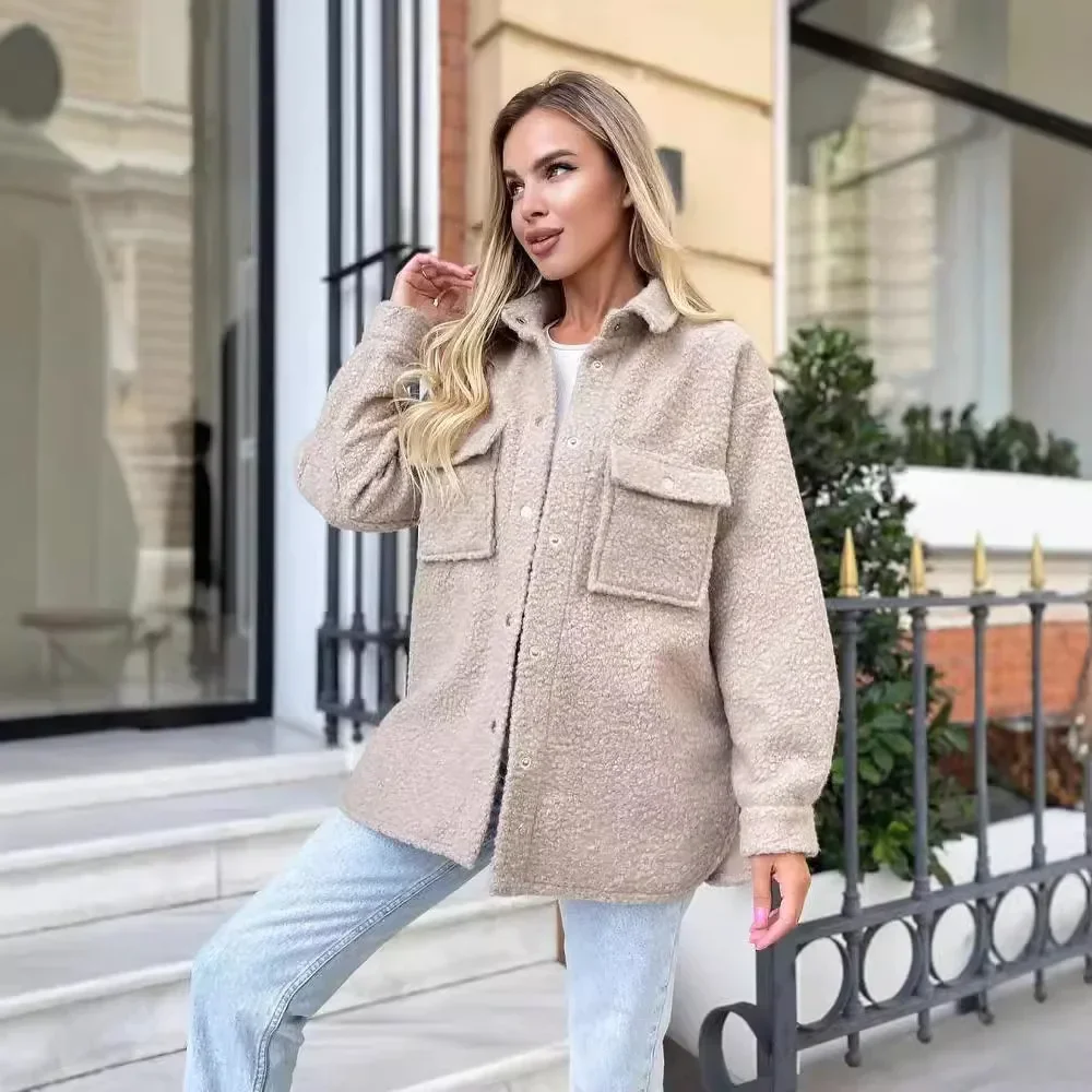 Осенне-зимняя однобортная утолщенная однотонная рубашка с лацканами, женская шерстяная свободная куртка, шерстяная женская шерстяная куртка