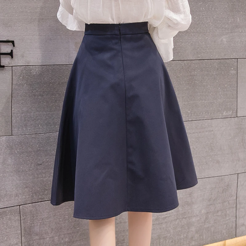 2021 Spring New Ladies Vintage Casual Umbrella Midi Skirt Women Korean Chic Single-breasted A-Line High Waist Big Swing Skirts