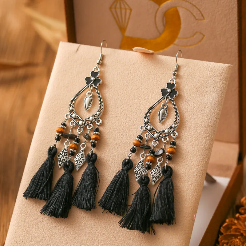 Fashion Bohemian Heart Flower Enamel Geometric Tassel Earrings For Women Irregular Stone Beads Handmade Boho Wedding Jewelry