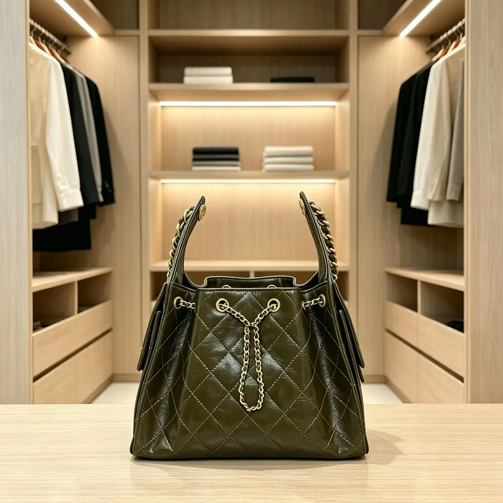 Olive Green Waxed Leather Quilted Tote Bag Large Capacity Chain Drawstring Shoulder Bag Ladies Vintage Handbag For Work Travel