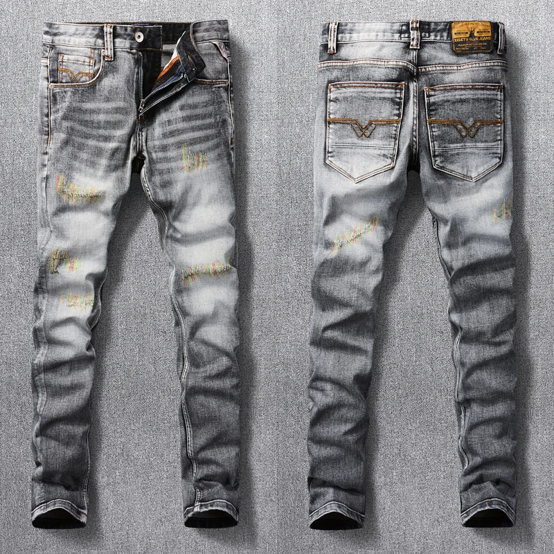 Fashion Designer Men Jeans High Quality Retro Washed Gray Stretch Slim Ripped Jeans Men Embroidery Designer Vintage Denim Pants