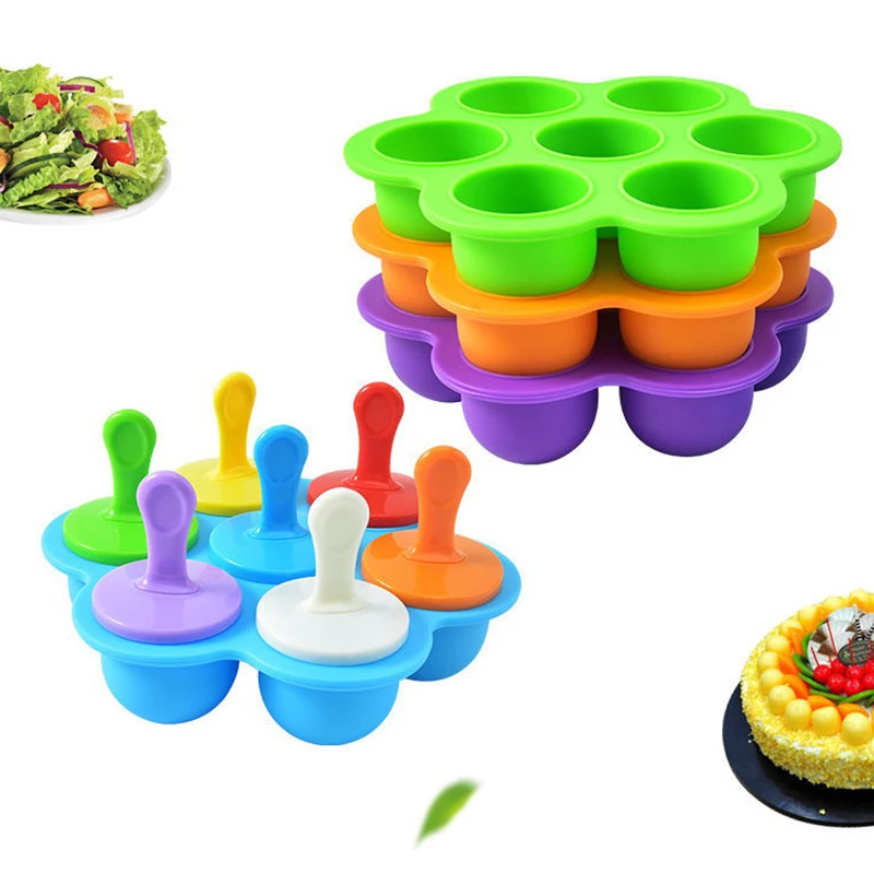 

1pcs 7 Hole Colorful Popsicle Mold Food Grade Silicone Ice Ball Mold Baby Fruit Shake Ice Cream Making Tools Ice Cream Maker