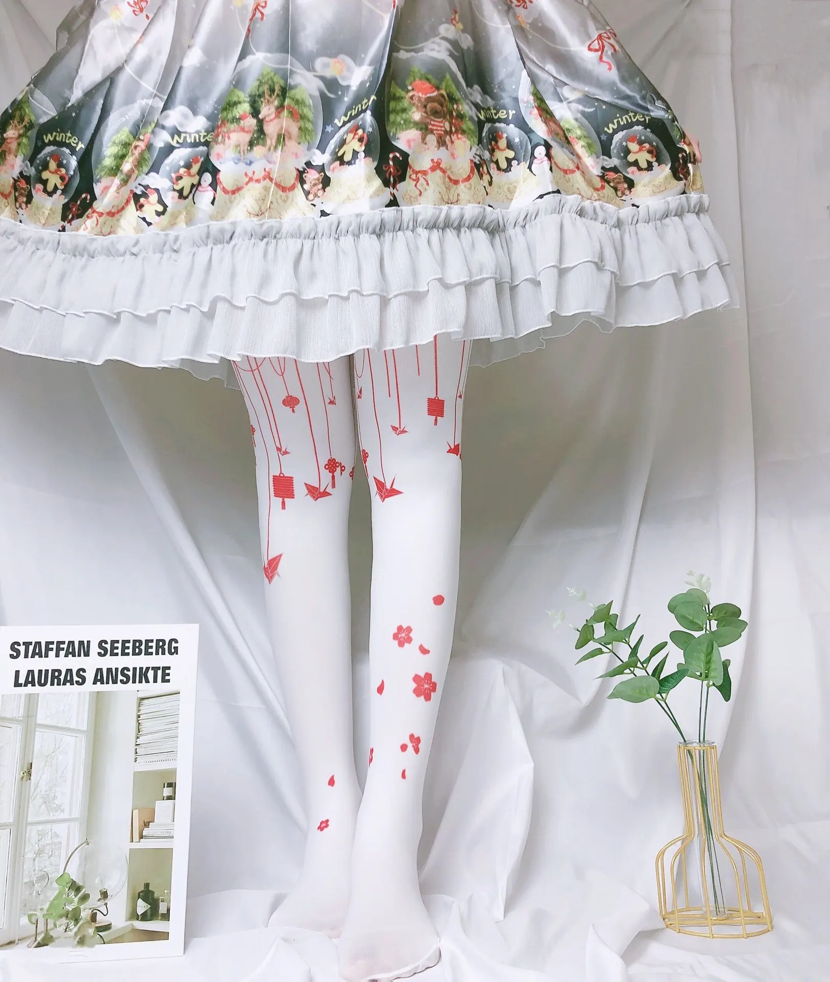 Blue Cross Vintage Script Letter Print Women Tights Gothic Aesthetic Pantyhose Lolita Cosplay Hosiery For Daily Party Wear