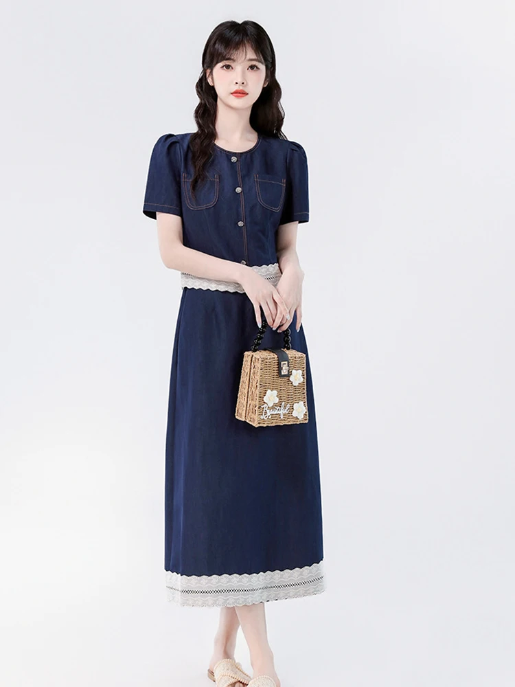 

Женская одежда, милый стиль, джинсовая одежда для свиданий, комплект из 2 предметов, женские однобортные топы с короткими рукавами, рубашка, блузка, юбка-миди, комплект Mujer