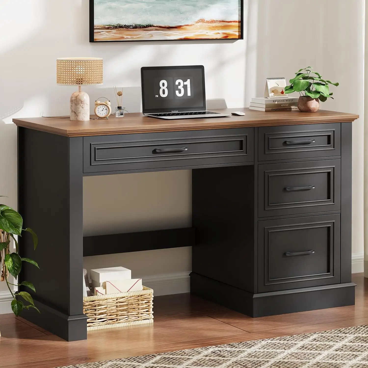 Farmhouse Executive Desk With File & 4 Drawers, Computer Workstation For Home Office, 47