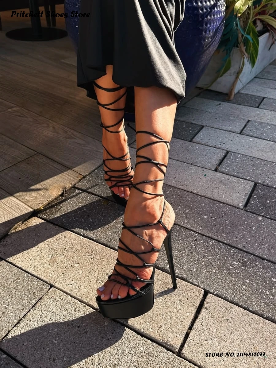 

Women's Cross-tied Platform Sandals Summer Ankle Strap Height Increasing Shoes Street Style Round Open Toe Party Dress Stilettos