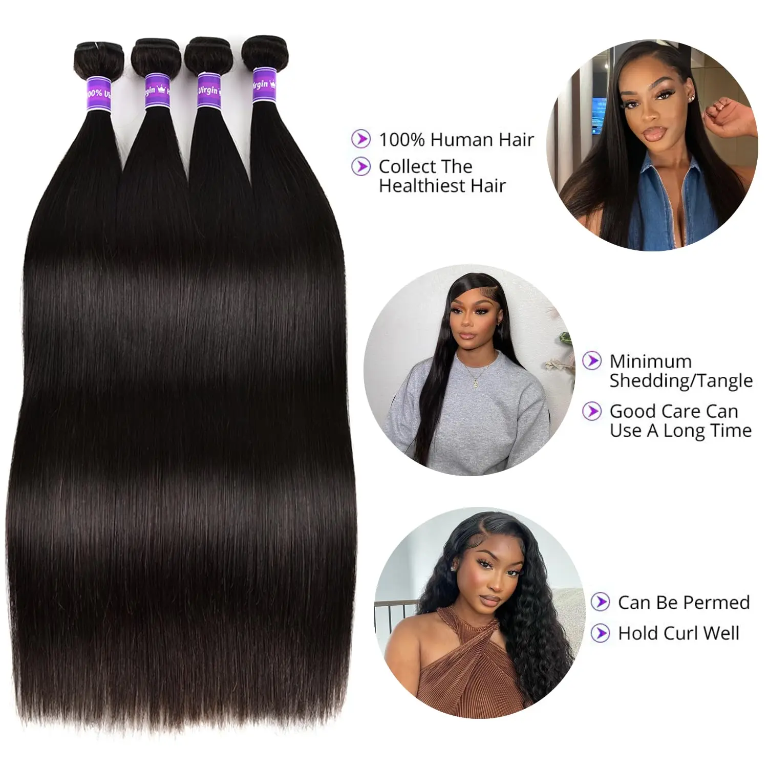 Straight Human Hair Bundles 3 Bundles Human Hair Straight 18 20 22 Inch Brazilian Virgin Hair 100% Unprocessed Natural Black Bun