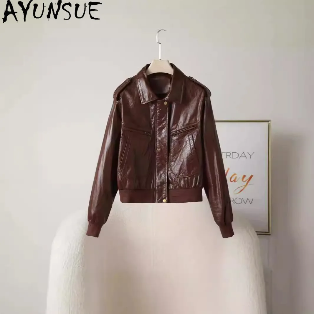 AYUNSUE Giacca in vera pelle da donna 2025 Olio di cera di pelle bovina Cappotti da donna Streetwear Giacche da moto Abiti autunnali ». ».ха Ж Dön Ж Dön Dön Disfrute