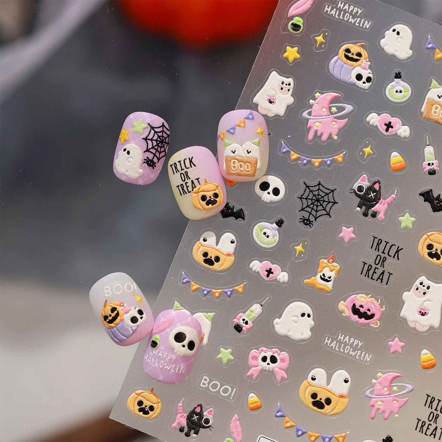 Niedliche Gruselige 5D Nagelaufkleber Halloween Süße Cartoon-Geister Kürbiskopf Schwarze Katze Fledermaus Spinnennetz Süßes oder Saures Selbstklebende Aufkleber