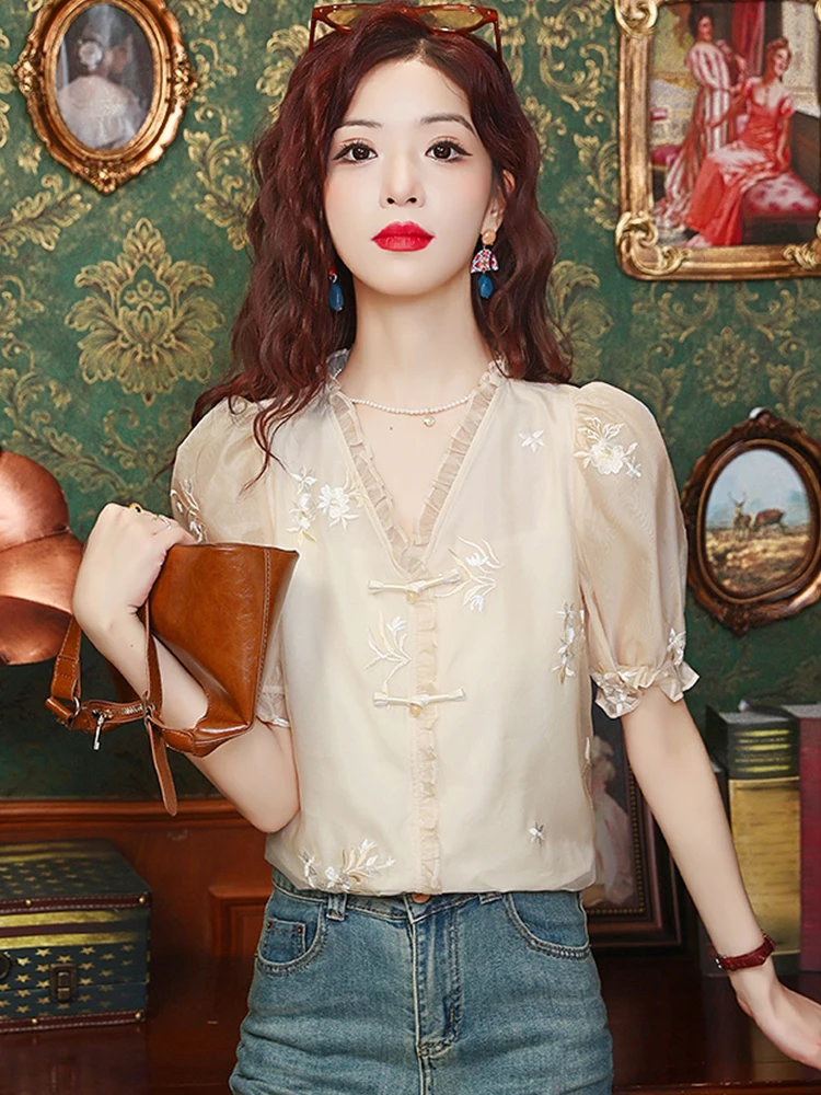 

Новая женская летняя шелковая блузка Ele ort Sve с красивой вышивкой, корейский стиль, свободный крой, эффект стройности