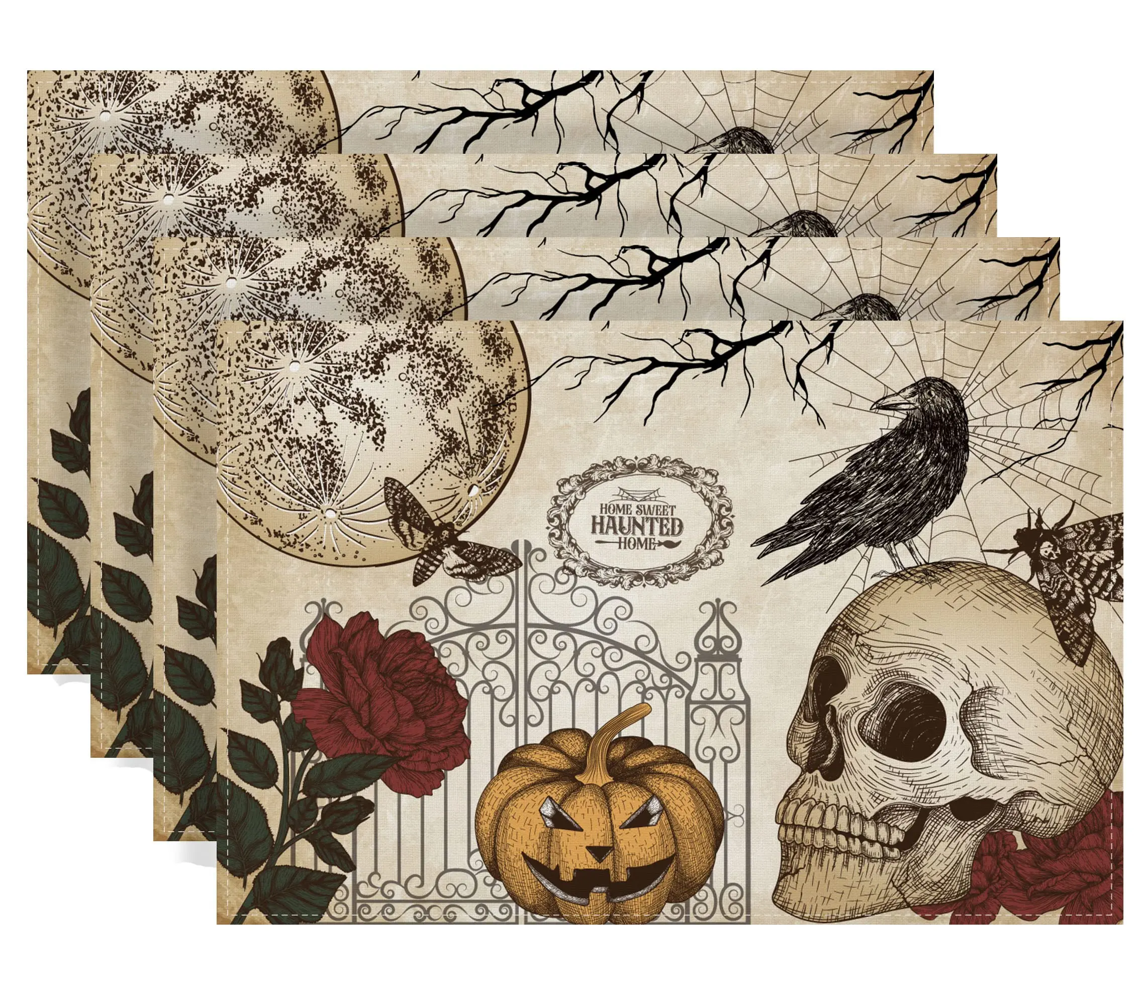 

Retro Halloween Placemats Gothic Skull Table Mats Day of The Dead Roses Skull Halloween Decor for Home Kitchen Table 12x18"