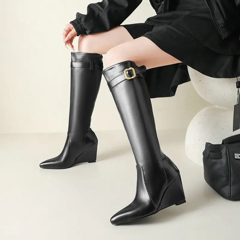 Women Pointed Toe Wedge Knee High Boots Buckle Slim Fit Commuter French Style Tall Boots