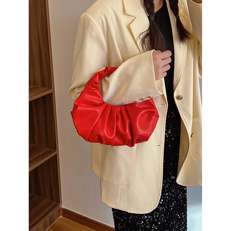 Korean Women\'s Popular Pleated Handbag Red Designer Style Bridal Wedding Bag 2024 Summer New Advanced Sense Casual Commute Bags