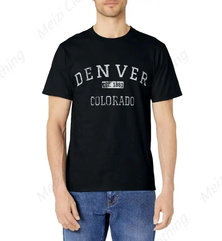 Denver, Colorado Retro T-shirt Classic Black Casual Shirt Pure Cotton Round Neck Clothes