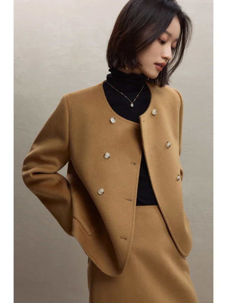 ZIQIAO 100% Wool Jacket Skirts Winter Sets Round Neck Double Breasted Temperament Camel Color Woolen Coats Zipper Waist Skirt