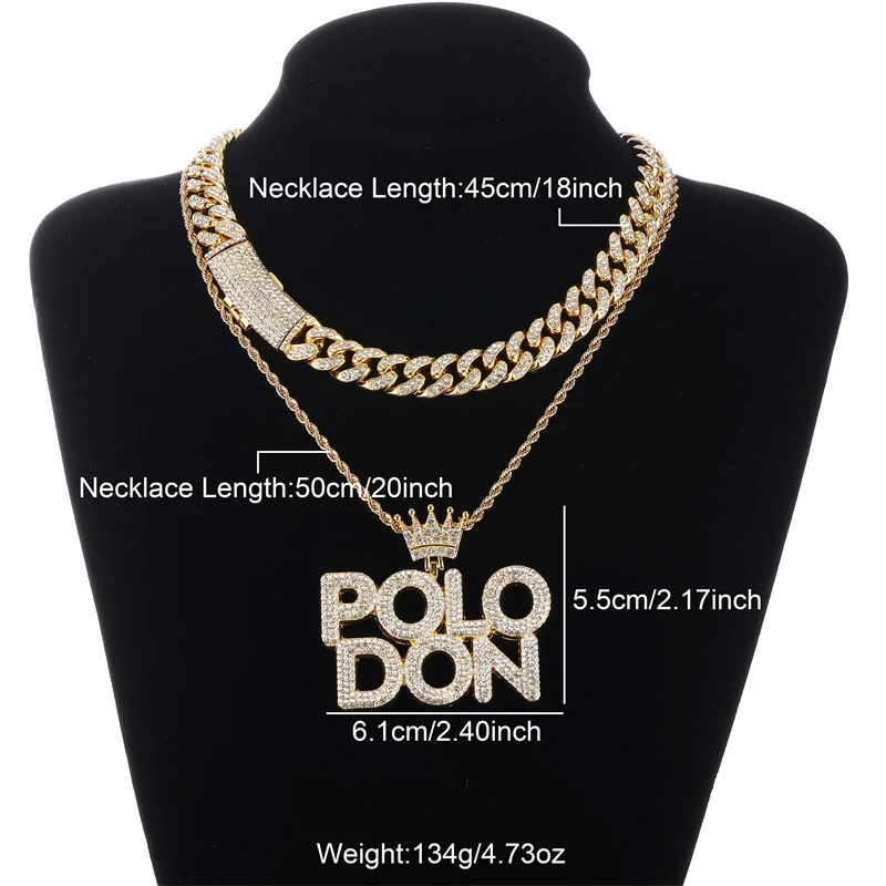 HIP HOP Bling Iced Out Letters POLO DON Pendant Cuban Chain Necklace for Women Men Shiny Zircon Necklace Rappers Jewelry