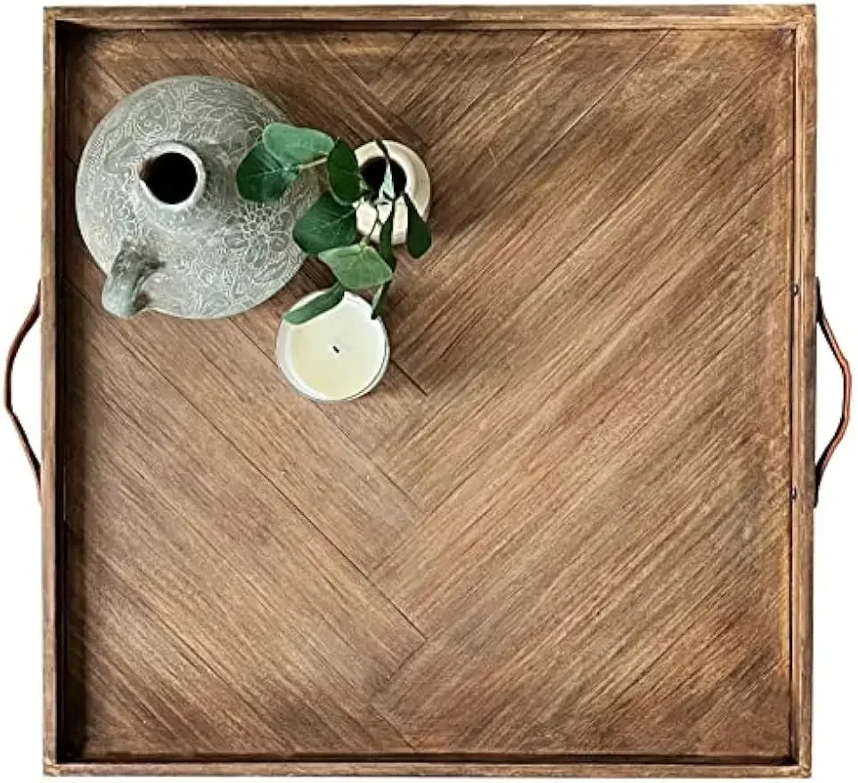 

Большой деревянный поднос-оттоманка с кожаной ручкой, декоративный, 24 x 24 x 1,5 дюйма, квадратный сервировочный поднос, идеально подходит для кофейного столика, Li