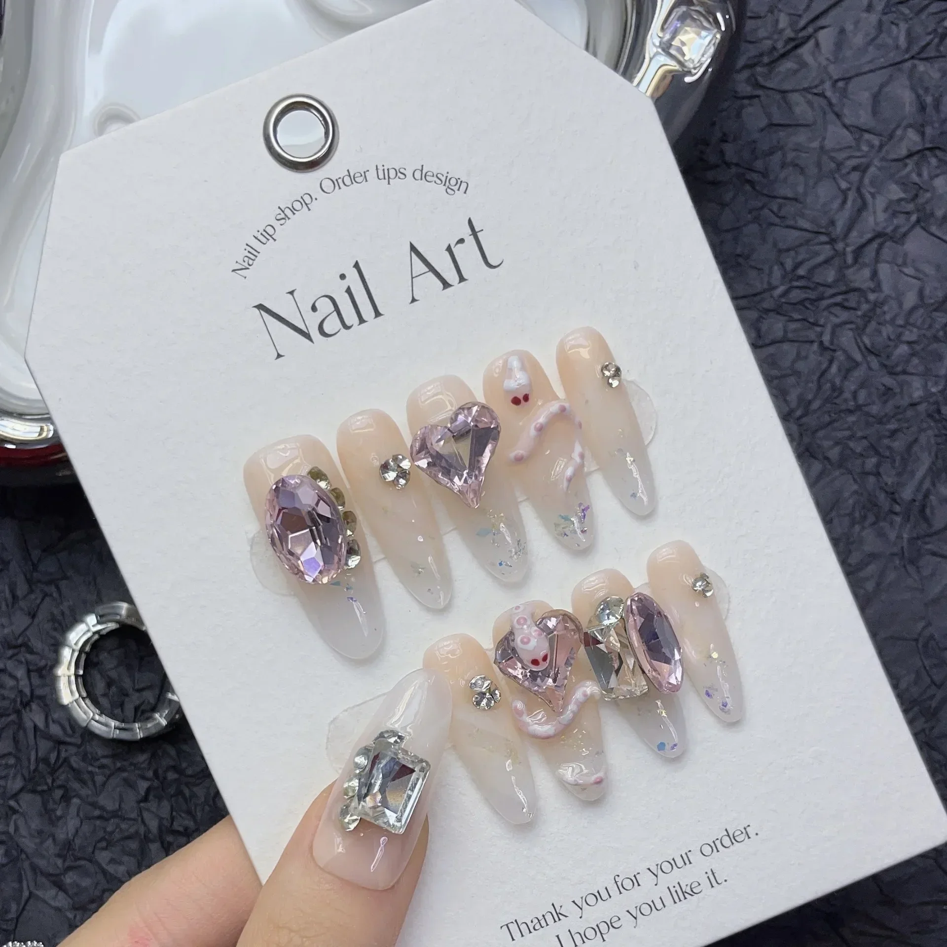 10PCS Gradient Pink Long Almond press on nails French handmade fake nail tips with Little Snake Design Full Cover false nails