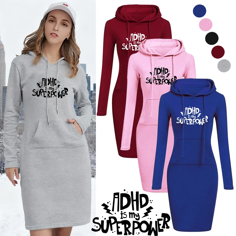 เดรสฮู้ดดี้ทรงสลิมแบบเรียบง่ายสำหรับผู้หญิง คุณภาพสูง ความยาวปานกลาง สไตล์ลำลอง ใส่สบาย เหมาะสำหรับฤดูใบไม้ร่วงและฤดูหนาว แฟชั่นทันสมัย