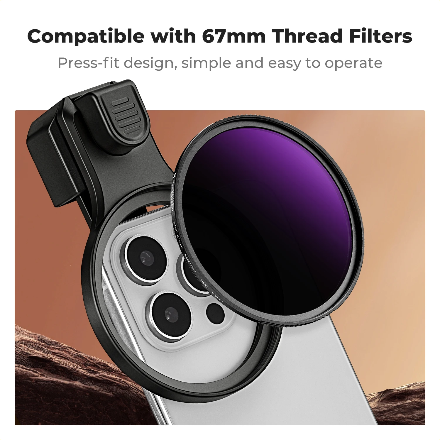 Picture 5: K&F CONCEPT ND100000 Solar Eclipse Smartphone Filter 58mm 67mm Universal Snap-on Mobile Clip Adapter for iPhone Xiaomi Samsung