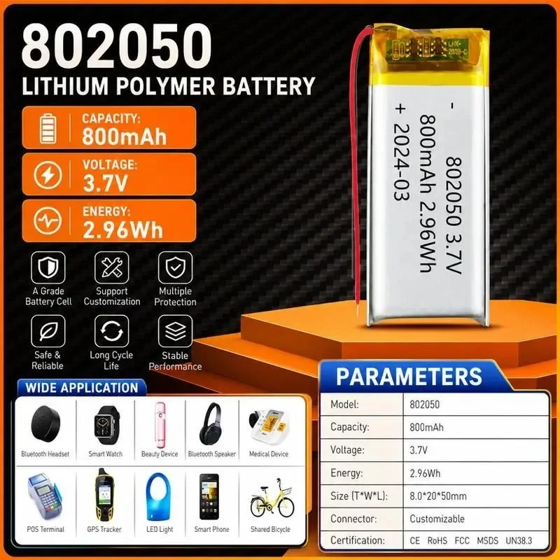 [New] 100pcs Polymer lithium battery 802050 800mAh neck earphone blackhead export instrument point reading pen 3.7V