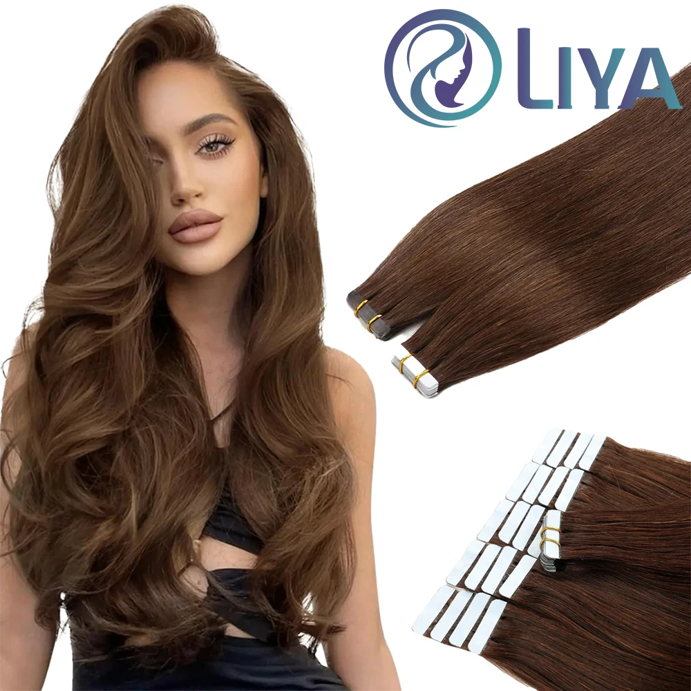 Straight Invisible Tape In Human Hair Extensions 100% Human Hair Adhesive Glue Remy Hair #2 #4 Medium Brown PU Seamless Tape In