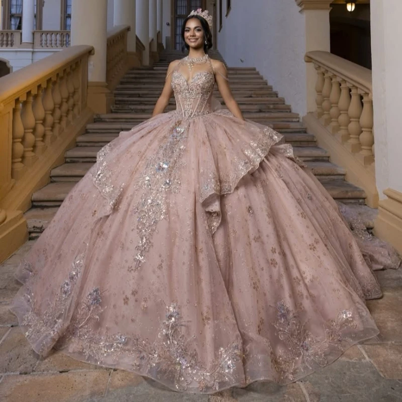 

Pink Shiny Princess Sweet 16 Dress Quinceanera Dresses Sequin Applique Flower Beading Crystal Tull Party Birthday Vestidos 15 De