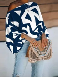 Spring Autumn Women's New Fashionable Digital Printed Lantern Sleeve One Piece Collar Sexy Off Shoulder Long Sleeve Top