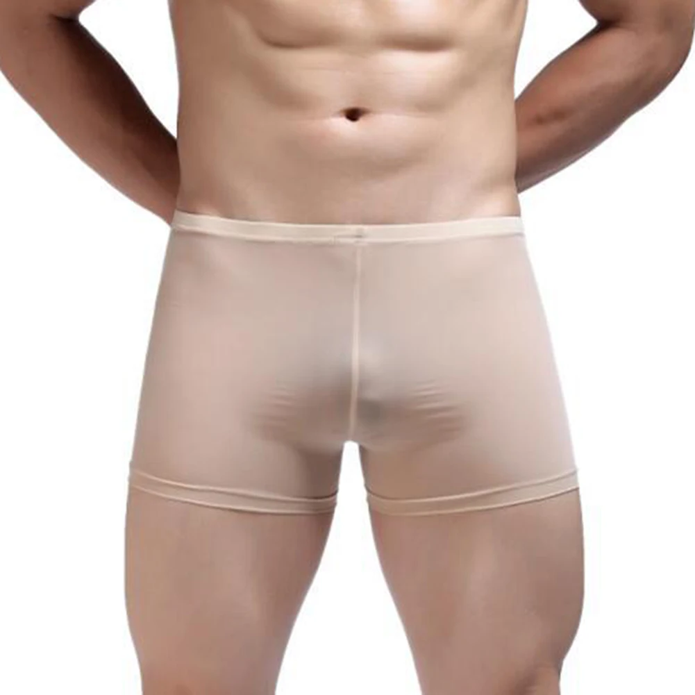 Ice Silk Men Boxers Trunks Stretch Underwear Low Rise Shorts U Convex Pouch Panties Mens See Through Underpants Sleep Bottoms