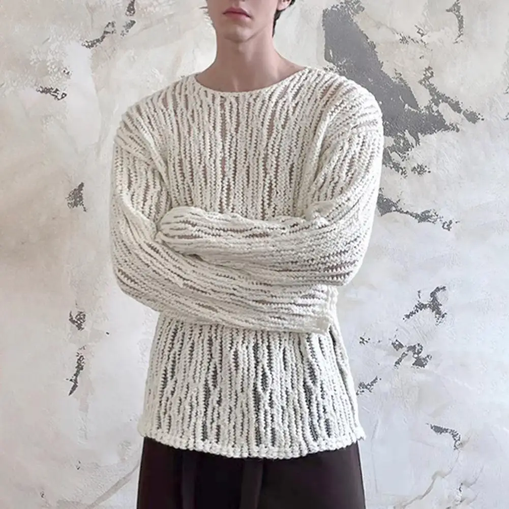 Round Neck Long Sleeve Sweater Men's Round Neck Sweater Hollow Out Pullover Tops Long Sleeve Knitted Casual Workwear Sexy