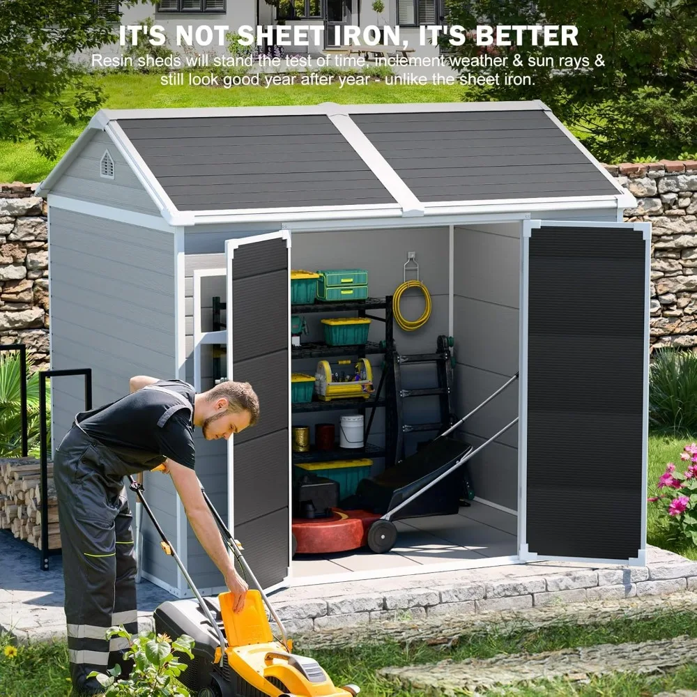 8x6 FT Resin Storage Shed, Waterproof Large Outdoor Shed with Floor & Lockable Door & 2 Windows, Plastic Tool Shed for Outside