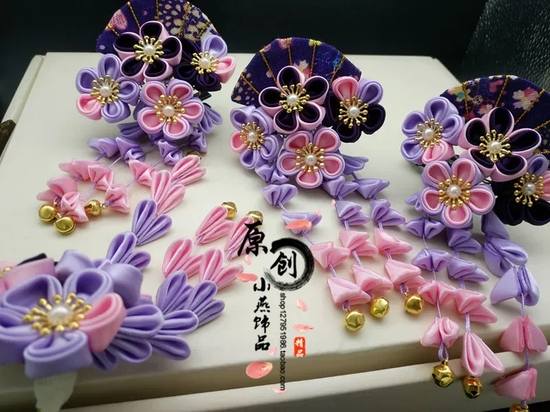 Paars Cosplay Sakura Fan Kwastje Hoofdtooi Oude Kostuum Kimono Accessoires Haarspeld Tsumami Zaiku Yukata Haarspeldjes Kanzashi