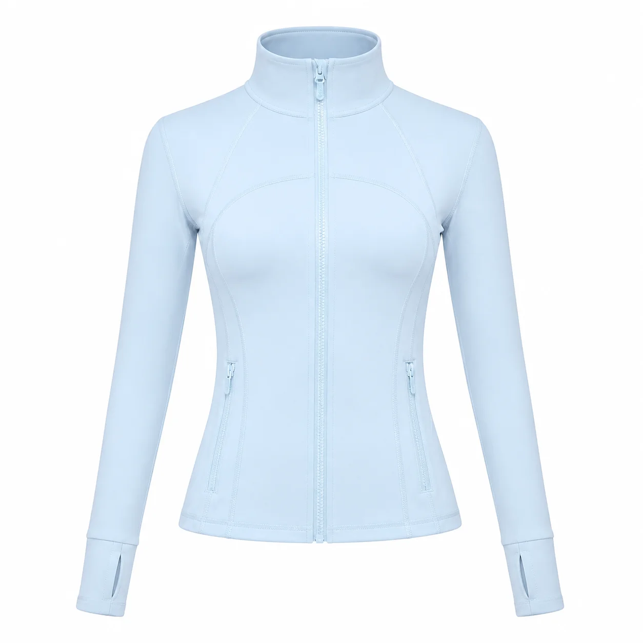 Women's Sky Blue Slim Fit Athletic Jacket Full Zip Stand Collar Thumbhole Sleeves for Yoga Running Gym Training