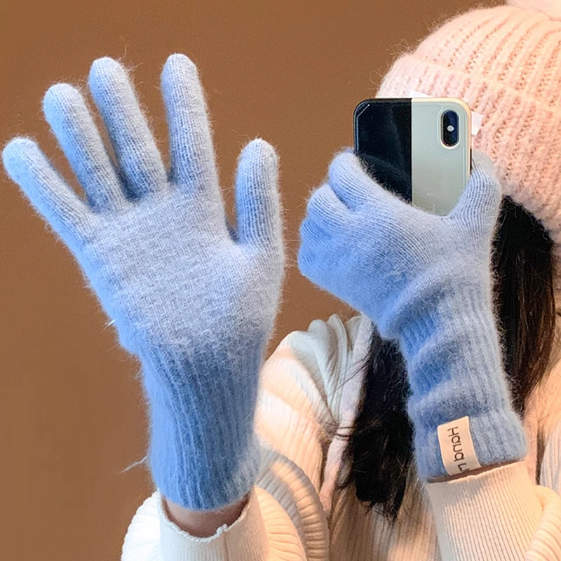 ถุงมือไหมพรมสีพื้นแบบสัมผัสหน้าจอแฟชั่นสำหรับผู้หญิง ถุงมือฤดูหนาว ถุงมืออุ่น ถุงมือทำงานสีพื้น ถุงมือฮาราจูกุสำหรับผู้หญิง