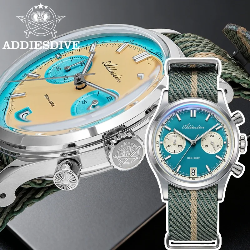 

ADDIESDIVE AD2542 Men‘s Watch Chronograph BGW9 Super Luminous 10Bar Waterproof Bubble Mirror Glass 0S21 Quartz Steel Wristwatch