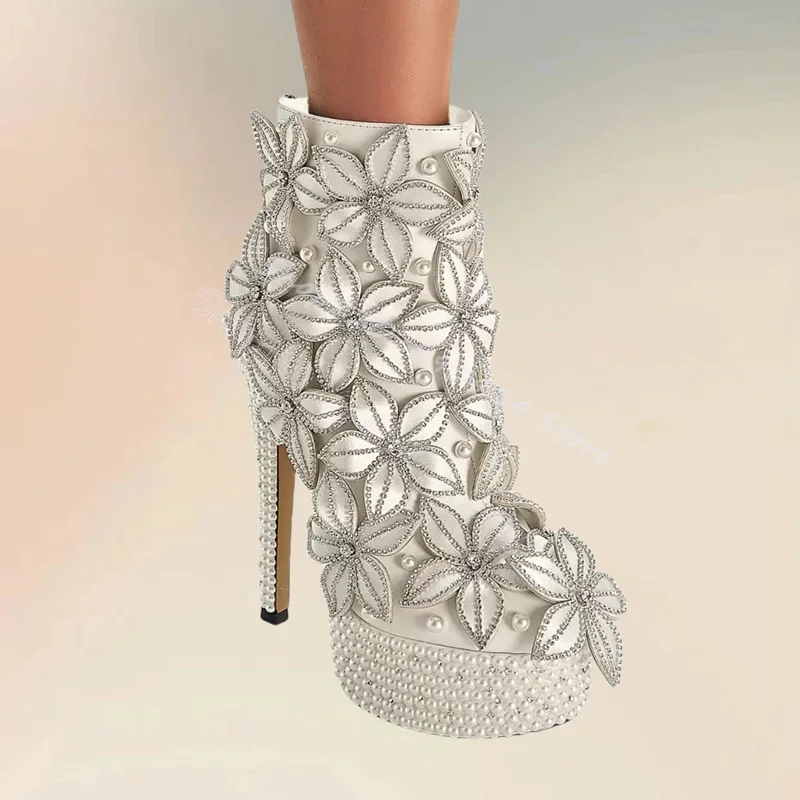 

White Crystal Flower Pearl Decor Platform Boots Back Zipper Women Shoes Thin High Heels Party Banquet 2025 Zapatos Para Mujere