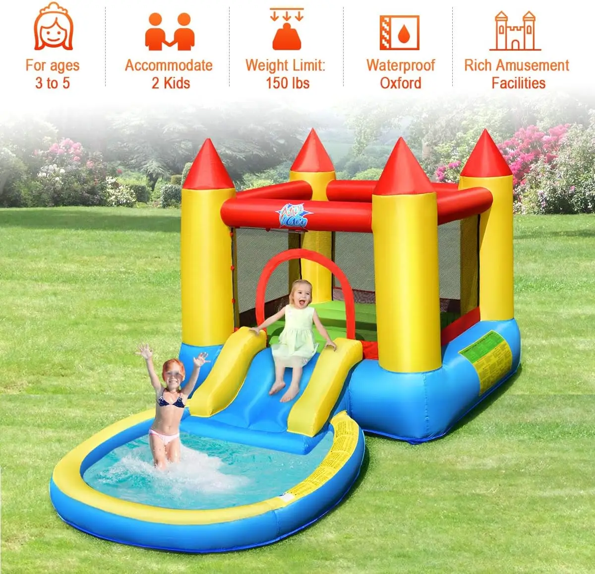 Scivolo d'acqua gonfiabile con ventilatore da 580w casa di rimbalzo dell'acqua del bambino castello del parco gonfiabile con scivolo, fossa della palla dell'oceano