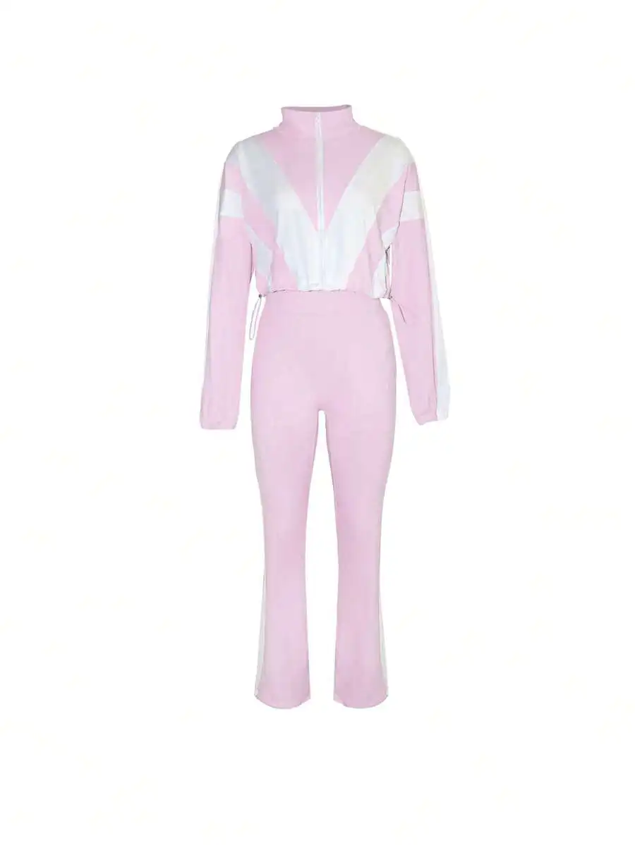 Conjunto Deportivo Color Block para Mujer - Top de Manga Larga y Pantalones Ajustados de Cintura Alta