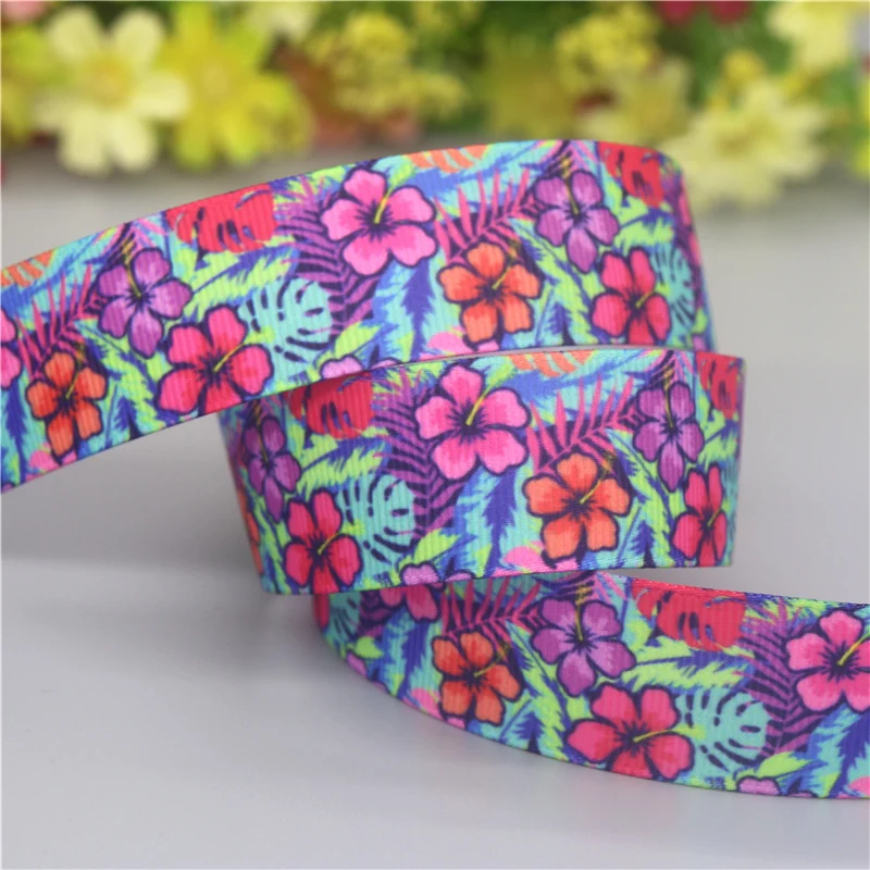 DHK 7/8\'\' 5yards Floral Flower Printed Grosgrain Ribbon Accessories Headwear Decoration Collar DIY Sewing Craft C2628