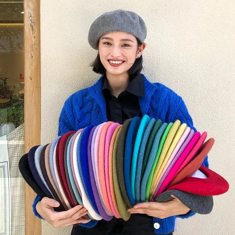 Warme Winter-Beanie-Mütze für Damen, Wolle, Baskenmütze im französischen Künstler-Stil, Retro-einfarbig, elegante Dame, Herbst-Kappen im Freien